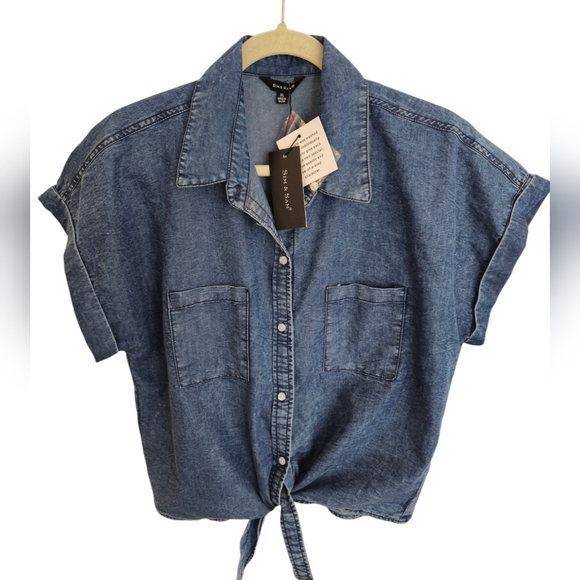 Sim & Sam Tops - NWT Sim & Sam Tie Front Button Down Denim Blue Acid Wash Top Size XL